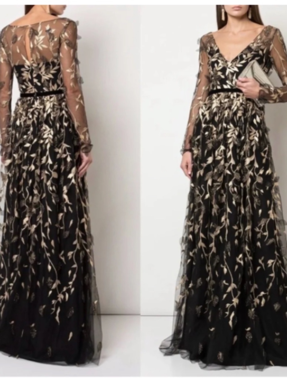 Marchesa Notte Black & Gold sheer Sleeve Metallic 3D Leaflets Gown Size 2. NWT